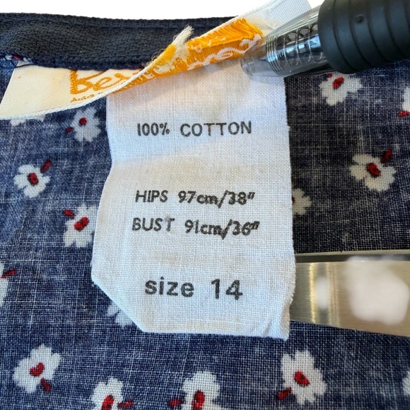 Vintage Berkertex Navy Floral Calico Print Cotton Prairie Lace Ruffle Dress 14 - Picture 6 of 12